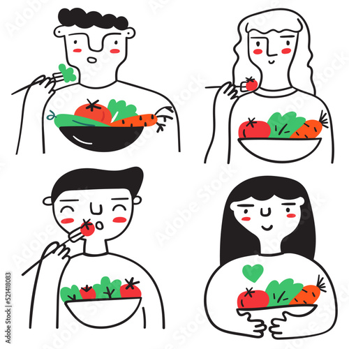 Collection of outline icons. People eat salad. Hand drawn illustrations on white background.
