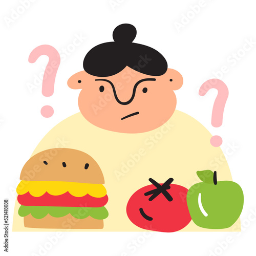 Fat woman choosing what to eat. Healthy or unhealthy food. Flat vector illustration on white background.