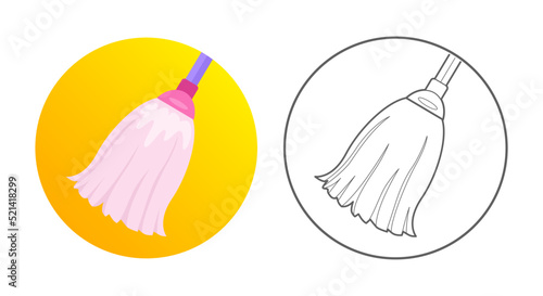 Broom icon. Cleaning equipment, tools and chemistry. Colorful and outlined icon in circle. Vector illustration isolated on white.