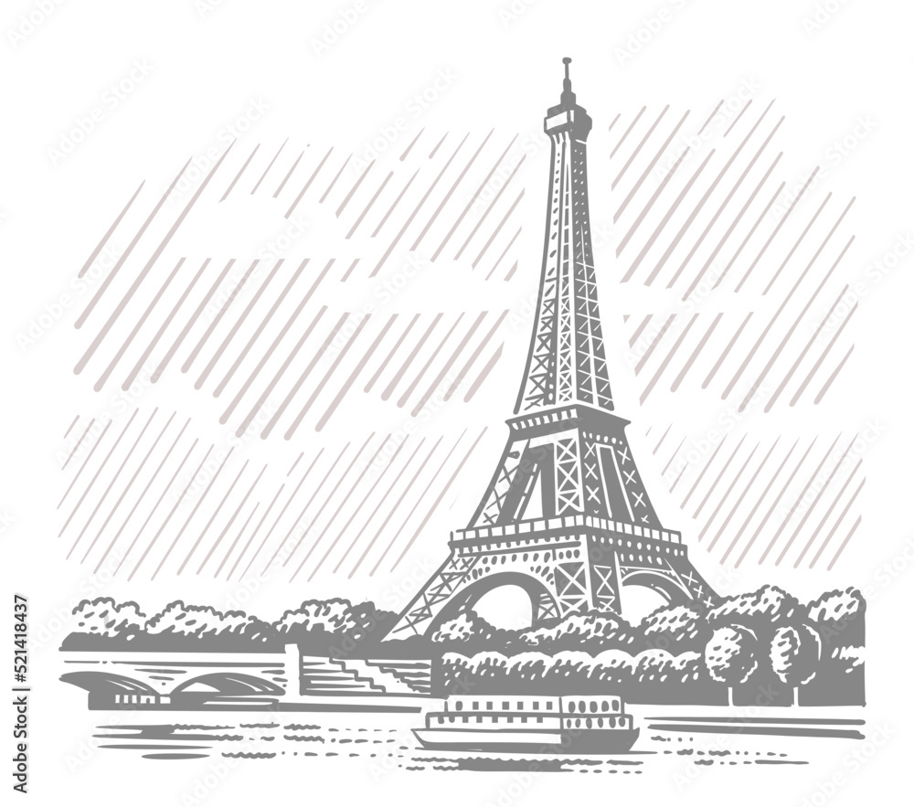 Paris with the Eiffel Tower vintage drawing.