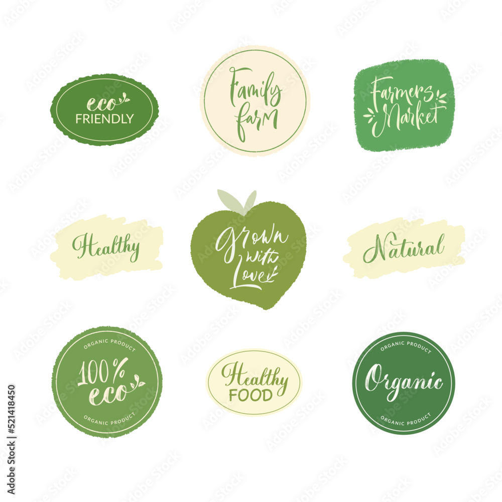 Set of hand drawn brush modern calligraphy. Handwritten lettering logo, label, badge, emblem for organic food, products packaging, farmer market, eco labels, vegan shop, cafe. Vector