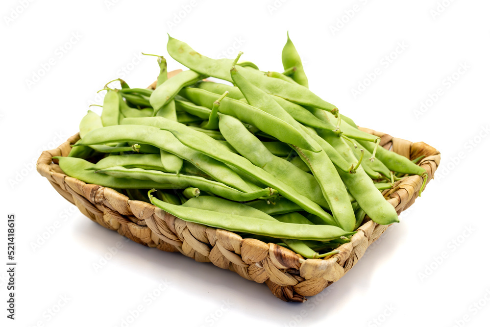 Ripe green beans. Fresh and raw green beans in basket isolated on white background. Organic food. close up Ripe green beans. Fresh and raw green beans in basket isolated on white background. Organic food. close up