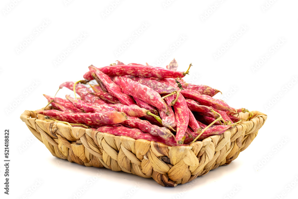Ripe kidney beans. Fresh and raw kidney beans in basket isolated on white background. Organic food. close up