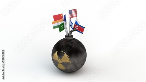3d rendering of an old bomb with a fuse and a radiation sign. A nuclear bomb with the flags of the member states of the nuclear club. The Nuclear club. The idea of the problem of nuclear weapons.