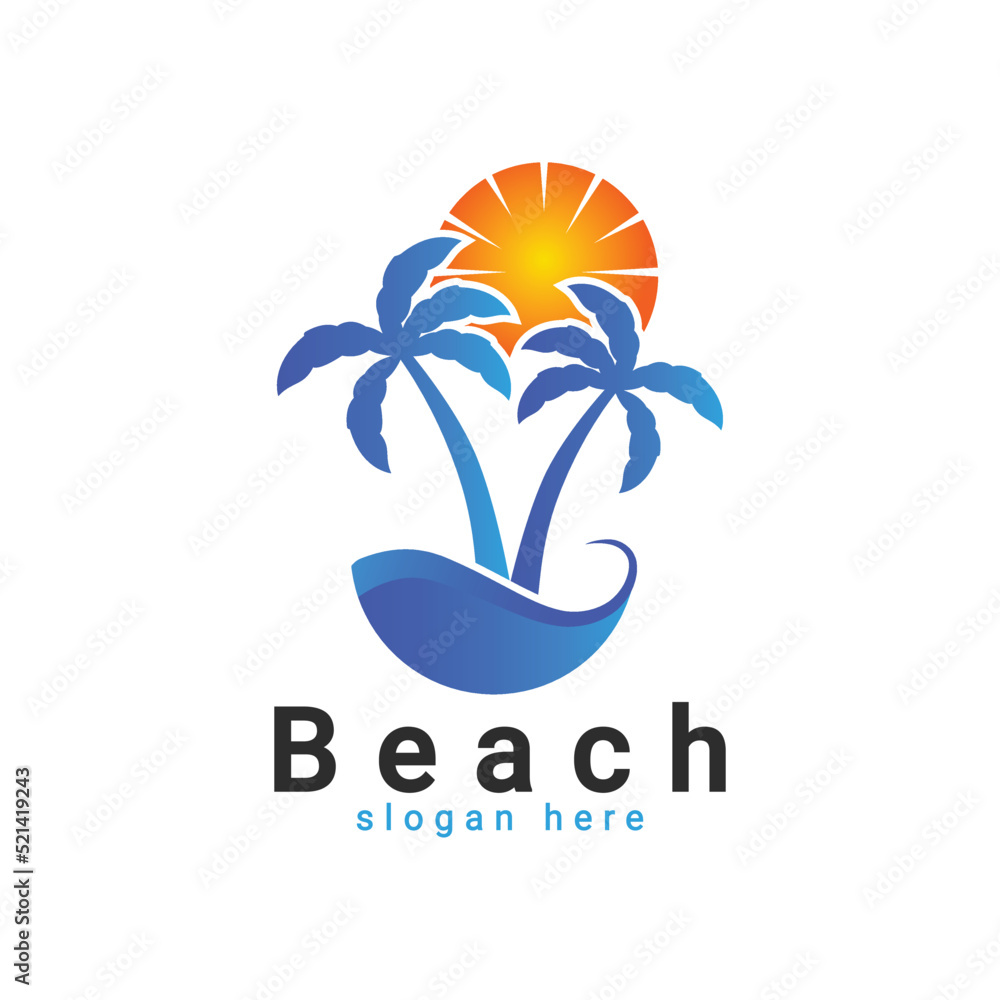 Naklejka premium Beach logo, tropical island logo, Palm or coconut tree summer logo template