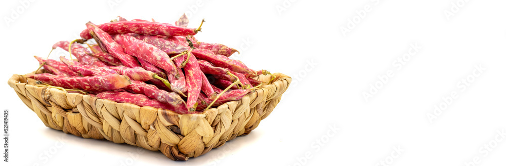 Ripe kidney beans. Fresh and raw kidney beans in basket isolated on white background. Organic food. Copy space. close up Ripe kidney beans. Fresh and raw kidney beans in basket isolated on white background. Organic food. Copy space. close up