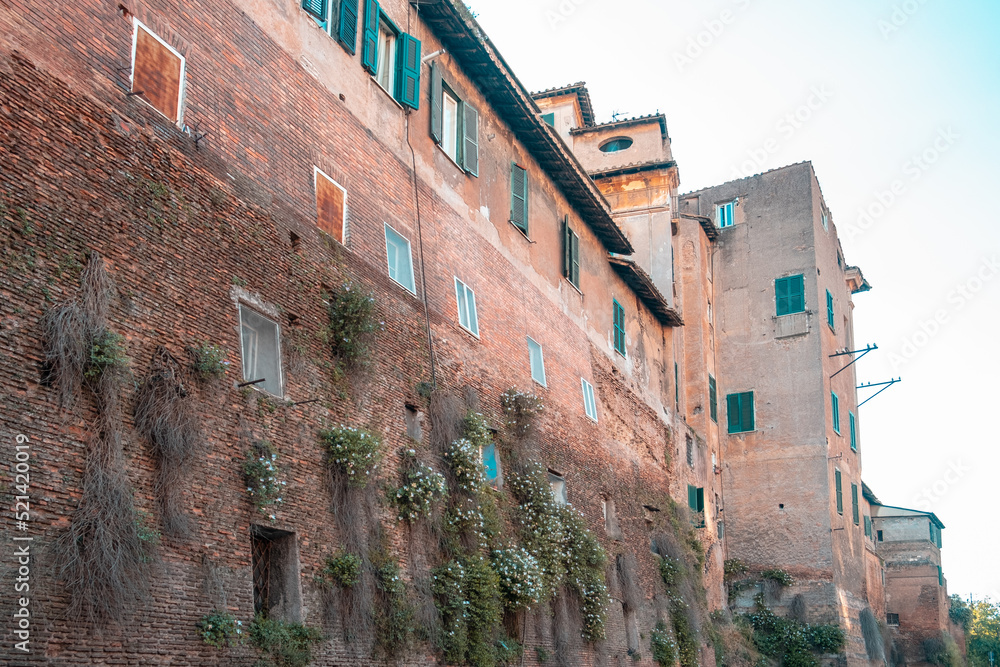Bottom-up view to impressive ancient terracotta brick building with shuttered windows and partially overgrown with plants and with blue sky in background.