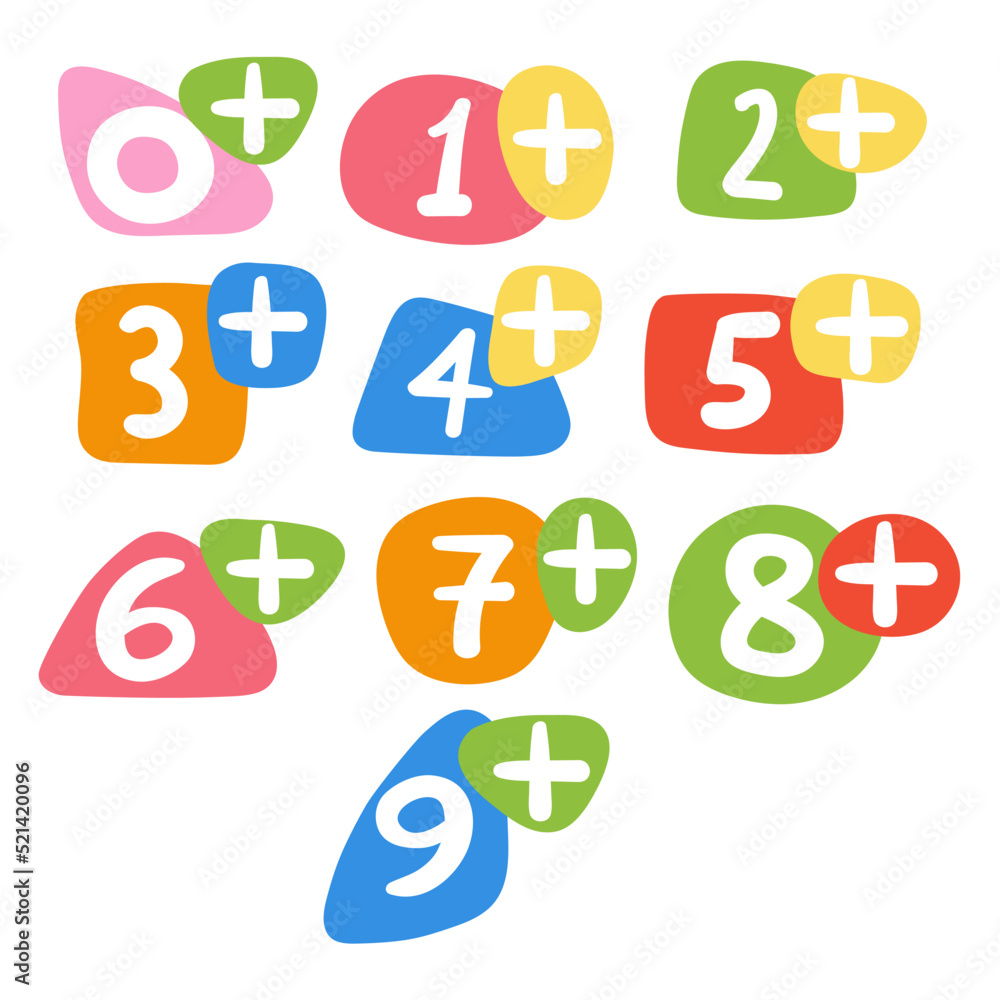 Numbers 0 -9. Ages limits for kids. Hand drawn vector illustrations on white background. Numbers 0 -9. Ages limits for kids. Hand drawn vector illustrations on white background.