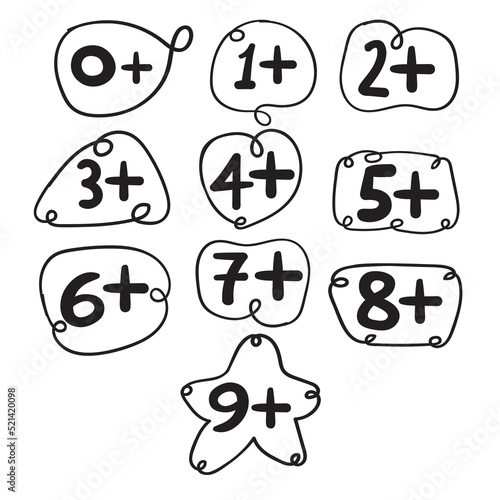 Collection of outline badges. Numbers 0 -9. Ages limits for kids. Vector illustrations.