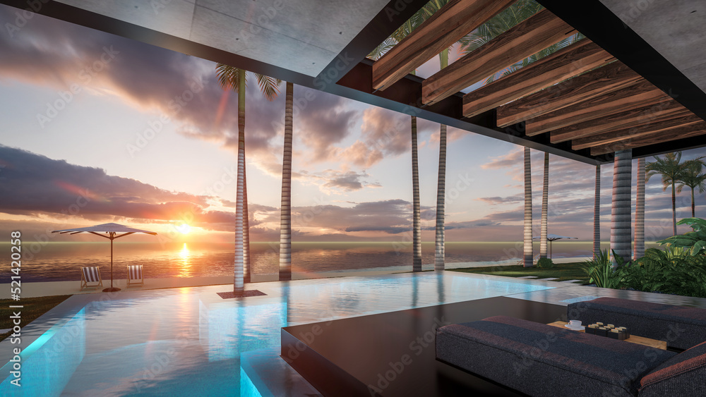 Fototapeta premium 3d rendering of modern cozy house with parking and pool for sale or rent with wood plank facade by the sea or ocean. Sunset evening by the azure coast with palm trees and flowers in tropical island
