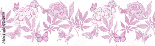  Seamless abstract pink floral border. Fashion textiles, fabric, packaging. In style Toile de Jou. photo