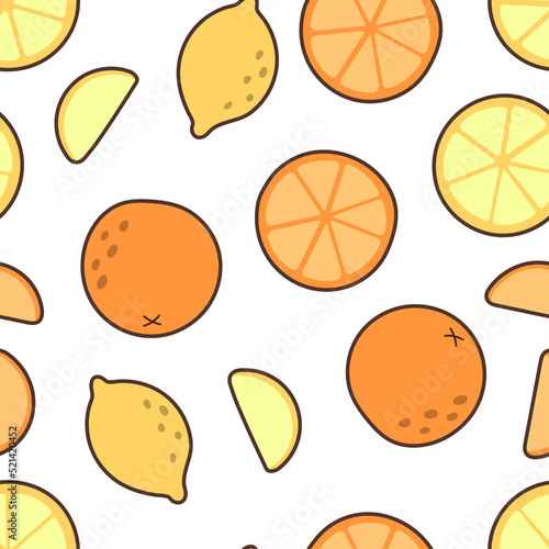 Fototapeta Naklejka Na Ścianę i Meble -  Vector seamless pattern with fruits. Abstract repeating background. Orange and lemon.