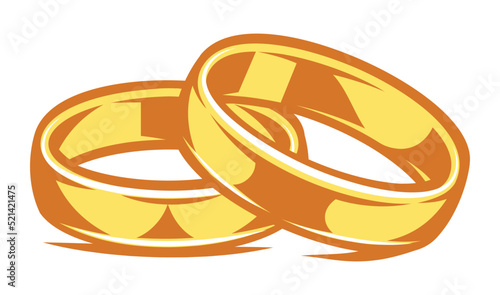 Two gold wedding rings. Template, element for design of polygraphy on theme of the wedding. Vector color, editable illustration