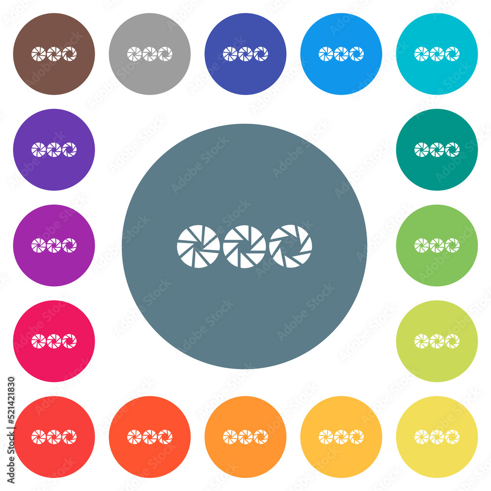 Set aperture size solid flat white icons on round color backgrounds