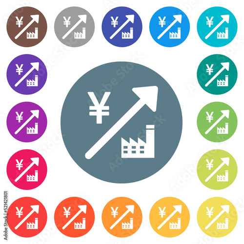 Rising power plant japanese Yen prices flat white icons on round color backgrounds