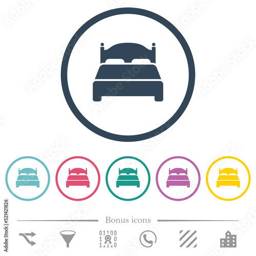 Double bed flat color icons in round outlines