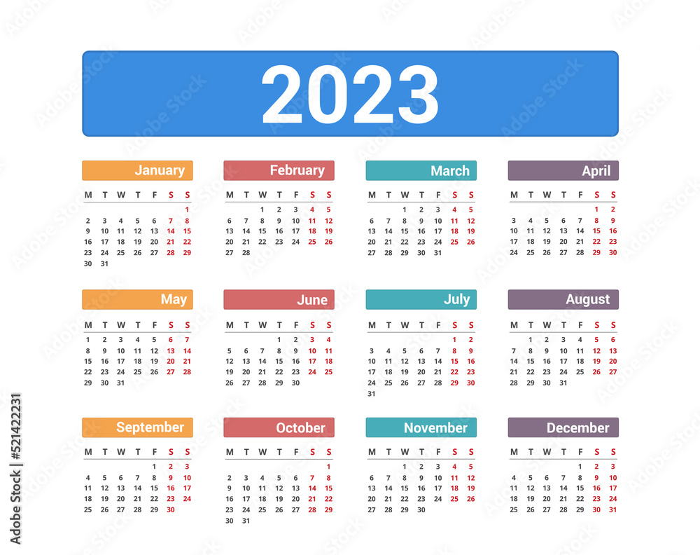 2023 Calendar, week starts on Monday 2023 Calendar, week starts on Monday