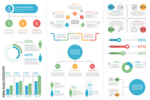 Set of infographic templates - steps and options, pie charts, process, bar graph, flowchart, people infographics