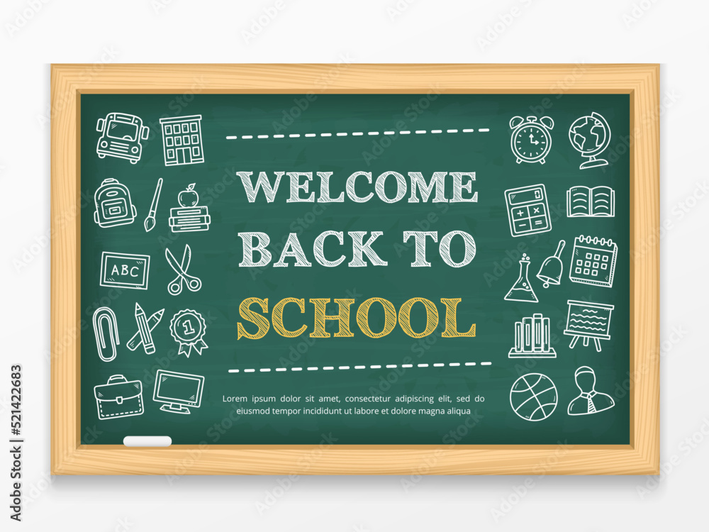 Welcome back to school text and hand drawn icons on blackboard Welcome back to school text and hand drawn icons on blackboard