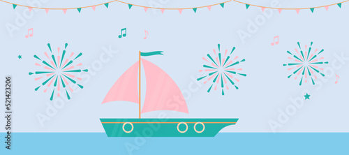 Illustration vectorielle voilier et feu d'artifice. Bannière illustrée festive et guinguette. Icones et illustrations.	
