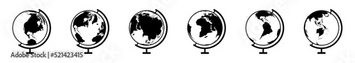 Globes of world, earth. Transparent 3d world map icons on background. Europe, Asia, Africa, America, Australia on globus. Set of global planets, simple flat spheres in black color. Vector