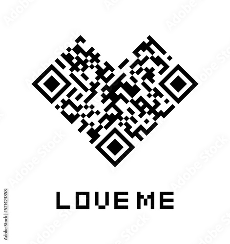 Heart qr code with love me. Qr code, barcode love art in heart pixel shape for computer. Qr code heart of health. Digital adhesive message for scan. Vector