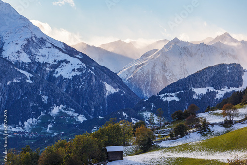 Scenic view at snow capped mountains in a alp valley