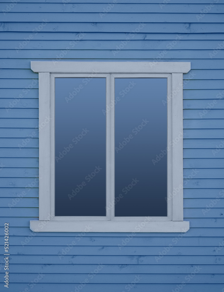 Close up the modern window frame against the background of blue wooden wall.