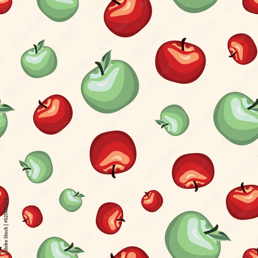 Fototapeta premium A joyful seamless summer pattern with green and red apples, a ripe fruits background