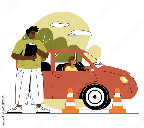 Education in driving school. Poster or banner for website. Man with folder checks girl driving car. Instructor and student, education. Final exam, driving skills test. Cartoon flat vector illustration