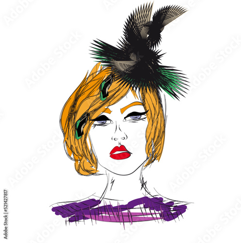 Red-haired woman in extravagant fancy hat, hat decorated, red lipstick, model, sketch