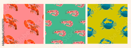 Lobster, crab, shrimp. Seafood shop, restaurant menu, fish market, banner, fabric, textile print, poster design template. Fresh shellfish products. Trendy Vector illustration. Square seamless patterns