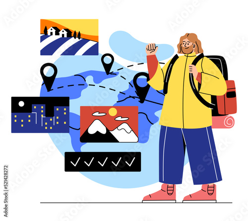 International tourism concept. Young guy with backpack on background of map with addresses. Active lifestyle and recreation, hiking. Poster or banner for website. Cartoon flat vector illustration