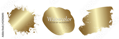 Gold sticker. Set of vector template for design. Stain of metallic paint on a white background. Golden flyer. Hand drawn golden texture. Gold paint. Luxury backdrop for design. Empty blank for text.
