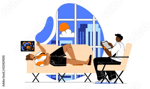 Session with psychotherapist. Young girl lies on couch and talks about thoughts to specialist. Mental health and psychological problems. Confusion and uncertainty. Cartoon flat vector illustration