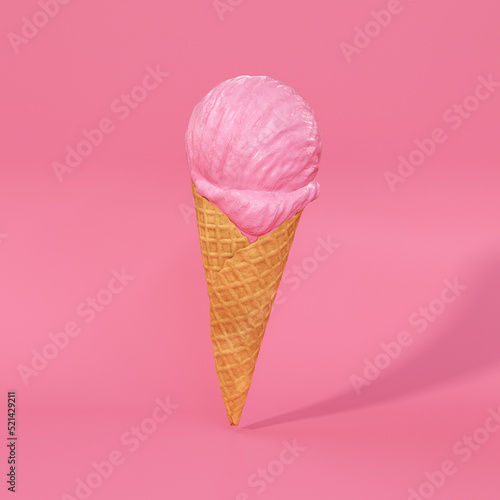 Pink ice cream in a waffle cone floating on a pink background, 3d render