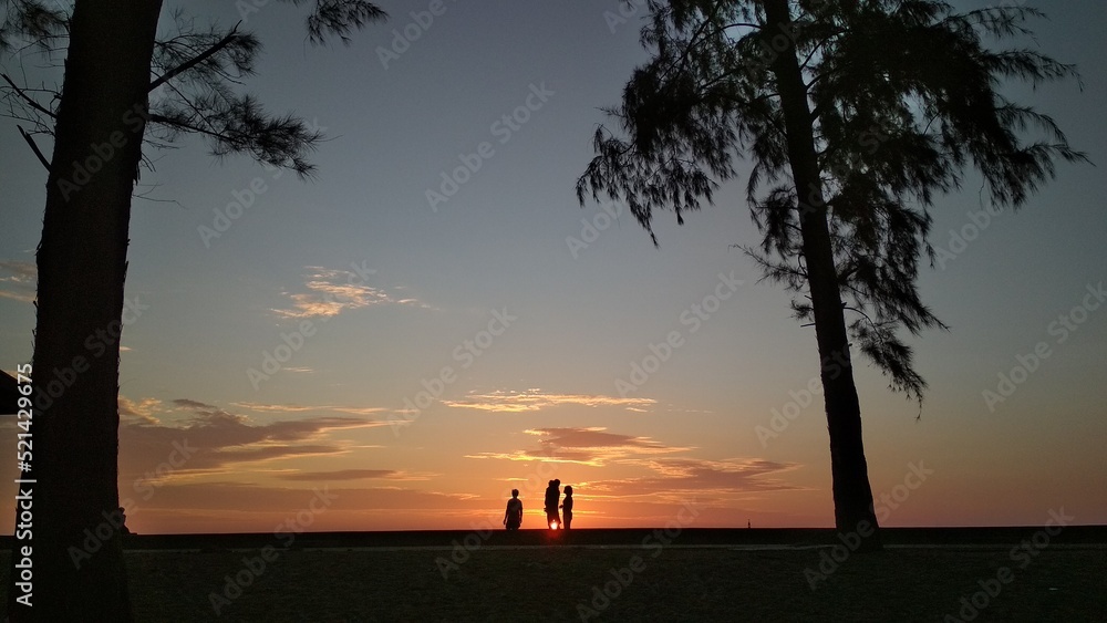 silhouette of a couple walking on the beach at sunset