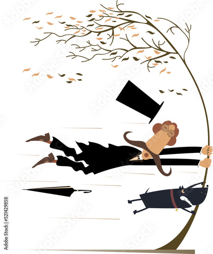 Bad weather, a hurricane, a frightened man and a dog holding a tree. 