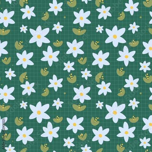 Seamless pattern with daisies on a checkered green chalk board