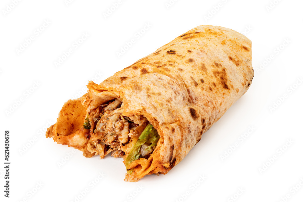 Isolated on a white background, Turkish doner or durum is a fast food with meat and salad wrapped in a flatbread. Unhealthy and greasy food Isolated on a white background, Turkish doner or durum is a fast food with meat and salad wrapped in a flatbread. Unhealthy and greasy food