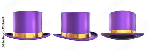 Set of purple top hat with a gold ribbons on a white background, 3d render