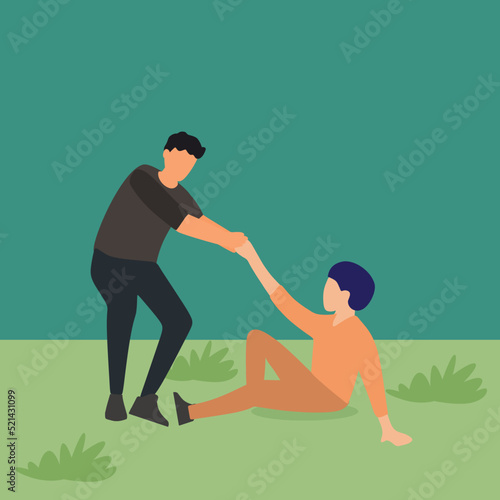 Vector illustration background of a young happy businessman helping his bankrupt partner who lay down on the ground to support to rise. True friendship concept Graphic design vector illustration