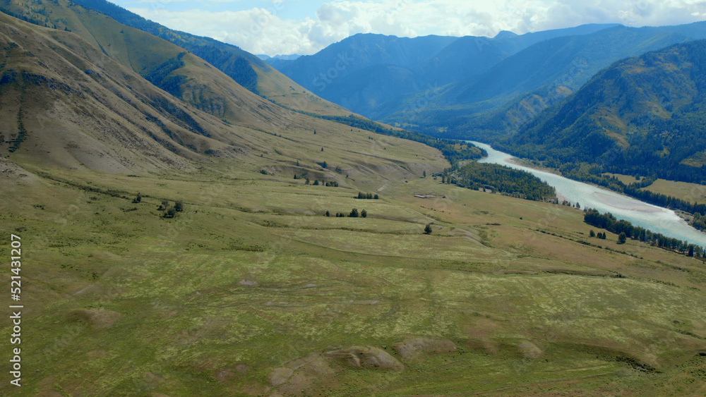 Aerial view from on valley and mountains of Ak-Kem with river Katun in Altai