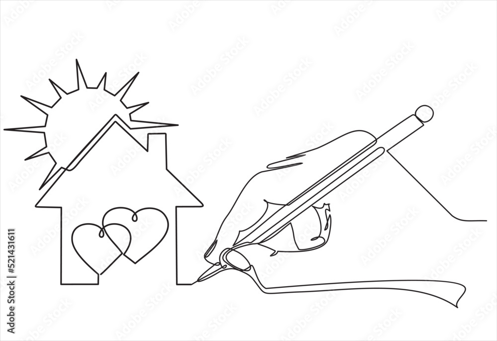 Obraz premium Single continuous line of hand drawing Two hearts inside house, Love and family symbol. Minimalist contour vector illustration made of single thin line