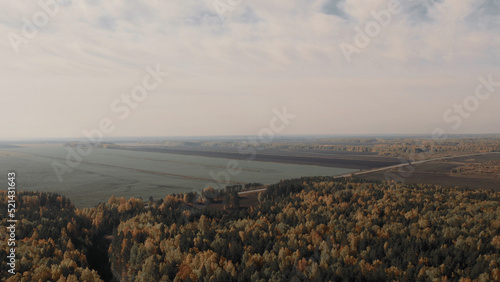 Road between yellow and green autumn forest and fields in Ural