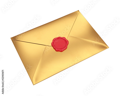 Gold envelope with red seal on white background, 3d render