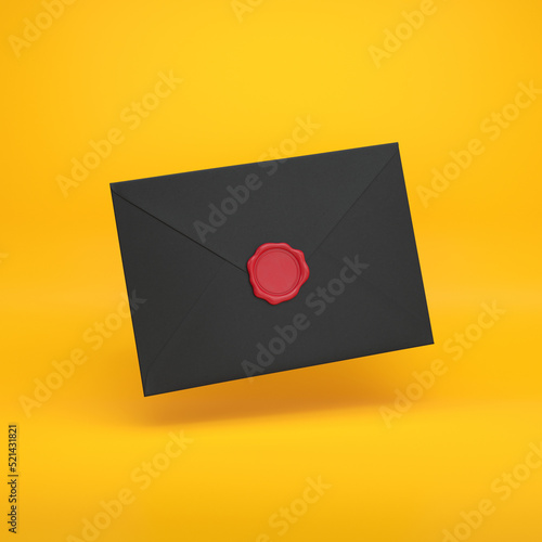 Black closed envelope with red seal floating on a yellow background, 3d render