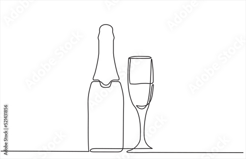 one continuous drawn line of the bottle and a glass drawn from the hand a picture of the silhouette. Line art. a bottle of champagne with a wine glass