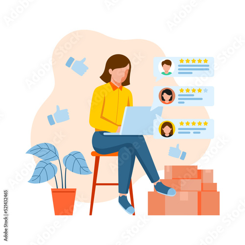 Consumer review for comment and rate a service or goods. Flat vector illustration, reading testimonials or leaving comment. Customer feedback and rating stars