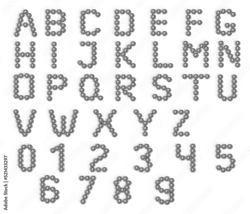 Alphabet from iron nuts. Industrial or engineering font or symbol. 3d illustration. White background. Lettering design element Alphabet from iron nuts. Industrial or engineering font or symbol. 3d illustration. White background. Lettering design element